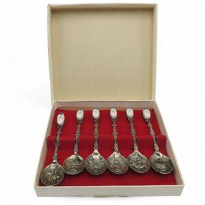DUTCH Miniature SPOONS Silver Plated Set Porcelain Handle Accents Vintage Boxed